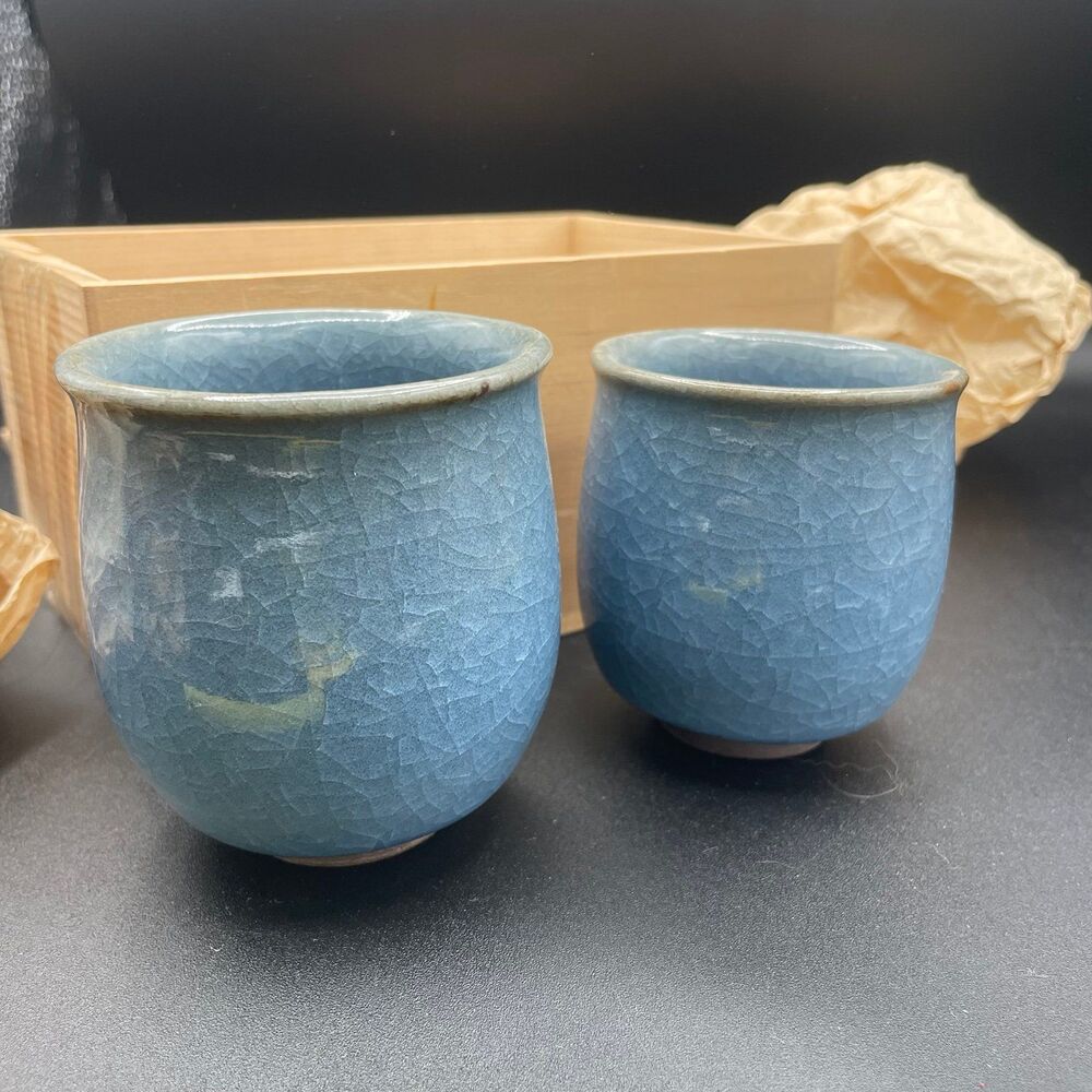 Vintage Japanese Crackle Glaze Ceramic Tea Cups in Wood Box Set